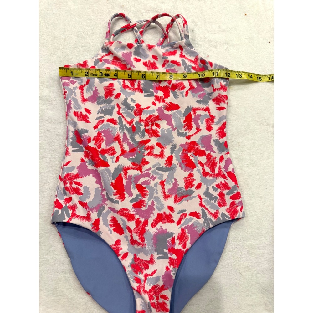 Zella Girls Size 12 One Piece Reversible Swimsuit Abstract Red Purple High Neck - Picture 2 of 6